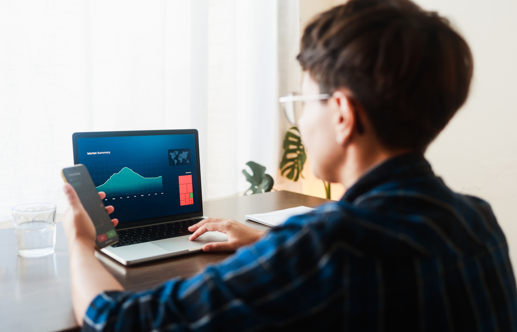 Trader woman analyzing strategy for stock market investment at home office. Crypto portfolio